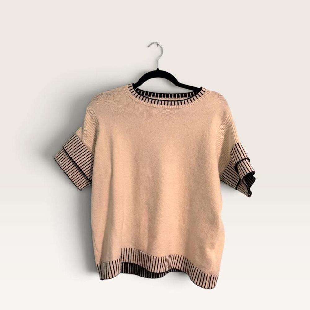 SHEIN Womens Cream Black Striped Sweater XL Ribbed Trim Knit